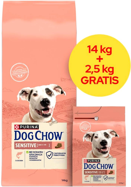 Karma sucha dla psów Purina Dog Chow Sensitive z łososiem 14 kg + 2.5 kg (8445291655249) - obraz 1