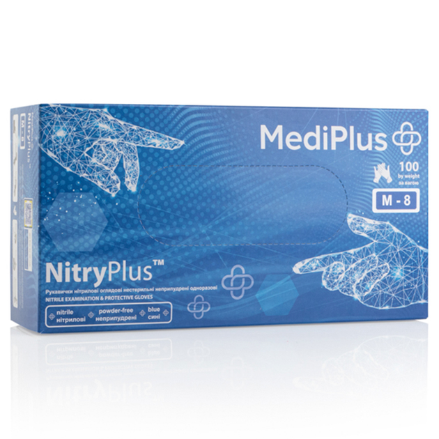 Рукавички нітрилові MEDIPLUS NitryPlus BLUE неопудрені, розмір M, 100 шт - зображення 1