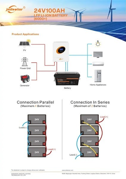 Аккумулятор LiFePo4 (литий железо фосфатный) Jsdsolar J24100 LiFePO4 24V (25,6V) - 100 Ah (2560Wh) (BMS 100A/100A) пластик - изображение 3