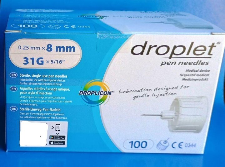 Голки інсулінові Droplet 8 мм 31G для інсулінових шприц-ручок - зображення 1