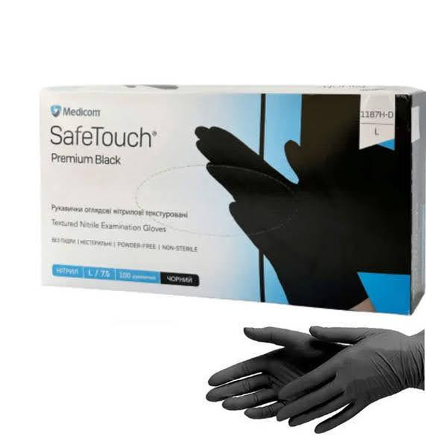 Рукавички оглядові нітрилові текстуровані Medicom SafeTouch Premium Black (неопудрені,нестерильні,чорні) L-size,100шт./уп.-1187H-D - зображення 1