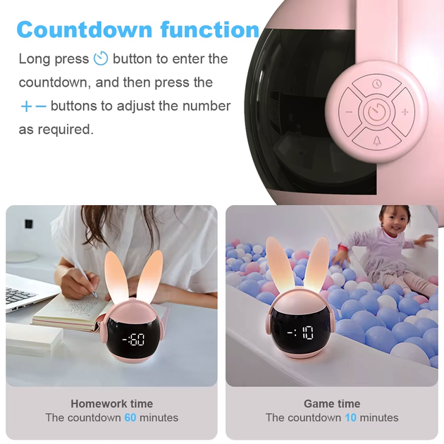 Аккумуляторний нічник-часи VHG F9, Rabbit Alarm Clock and Night Light, Pink - Фото 8 Аккумуляторний нічник-часи VHG F9, Rabbit Alarm Clock and Night Light, Pink - зображення 8