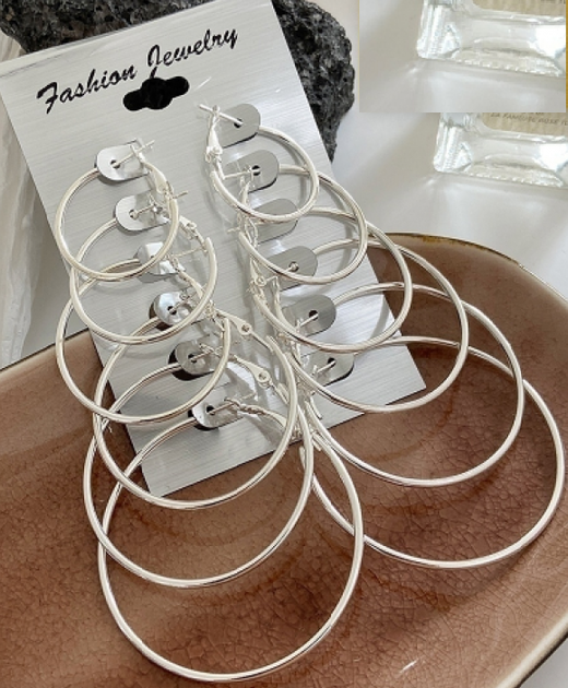 Набор серёжек 6 пар бижутерия кольца конго висячие Серебристые Fashion Jewelry 2,5 - 5 см (II) 20390 - Фото 3 Набор серёжек 6 пар бижутерия кольца конго висячие Серебристые Fashion Jewelry 2,5 - 5 см (II) 20390 - изображение 3