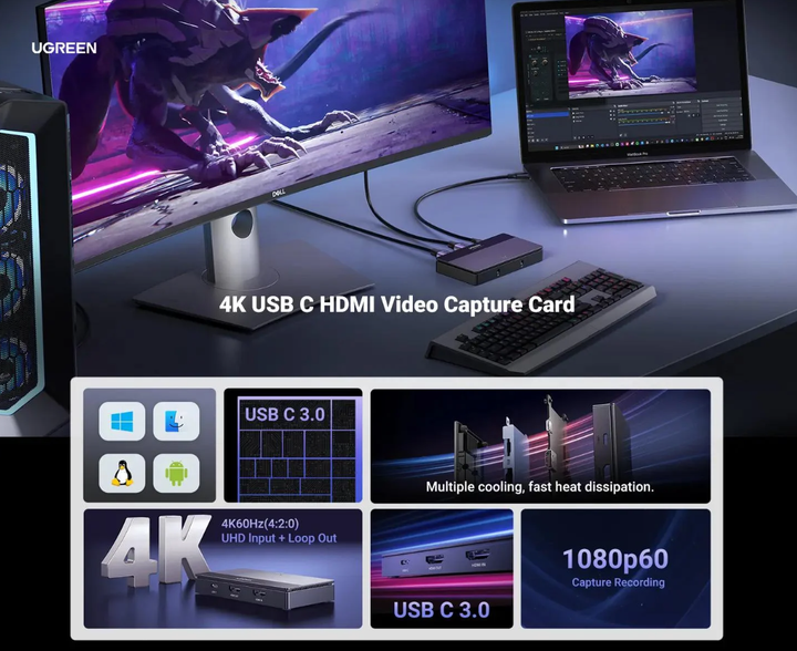 Картка відеозахоплення UGREEN CM630 HDMI to USB/USB-C 4K 60 Гц HDMI відеозахоплення (15390A) - зображення 5