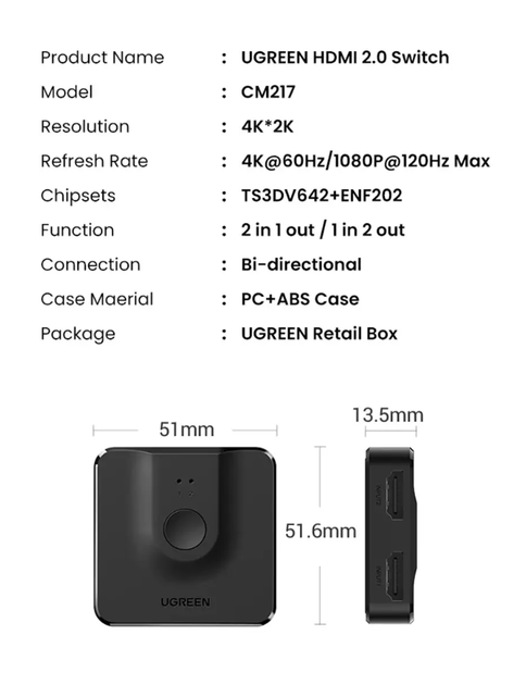 HDMI сплітер двонаправлений Ugreen CM217 2 In 1 Out HDMI Switcher Black 4K@60Hz (50966) - зображення 8