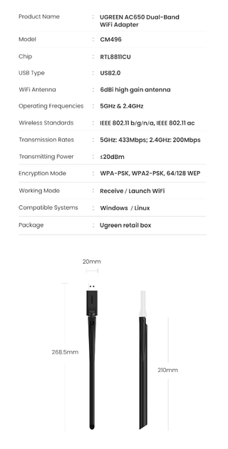 Адаптер Wi-Fi UGREEN CM496 (AC650) двухдиапазонный с внешней антенной (90339) - изображение 7