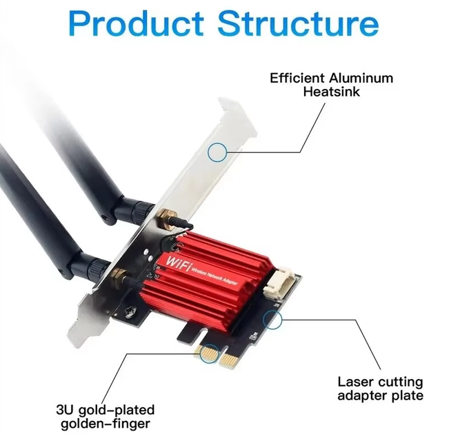 Бездротовий адаптер мережева карта WiFi 5 PCI-E AC1200 дводіапазонний 2.4G/5GHz для Bluetooth 4.0 - зображення 4