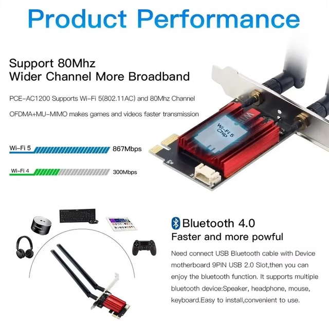 Бездротовий адаптер мережева карта WiFi 5 PCI-E AC1200 дводіапазонний 2.4G/5GHz для Bluetooth 4.0 - зображення 5