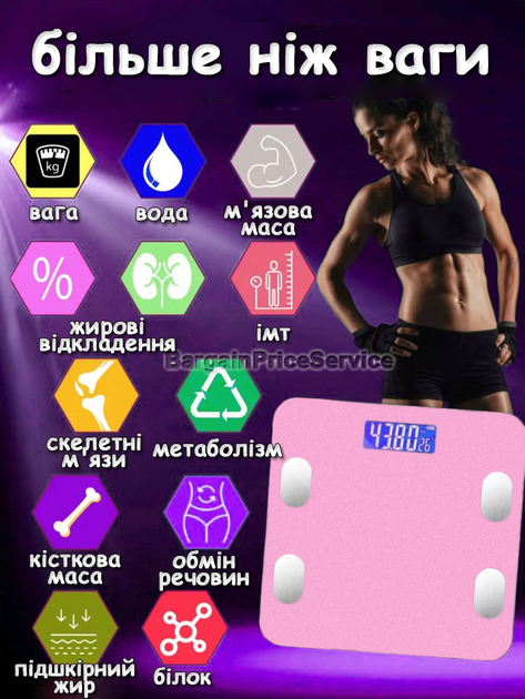 Електронні підлогові смарт-ваги смарт-ваги Bluetooth Smart Scale Fit OKOK діагностичні smart-ваги до 180 кг Загартоване скло Підсвічування Рожеві - изображение 9