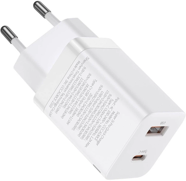 Зарядний пристрій Baseus Super Si Pro Quick Charger C+U 30W White (CCSUPP-E02) - изображение 3