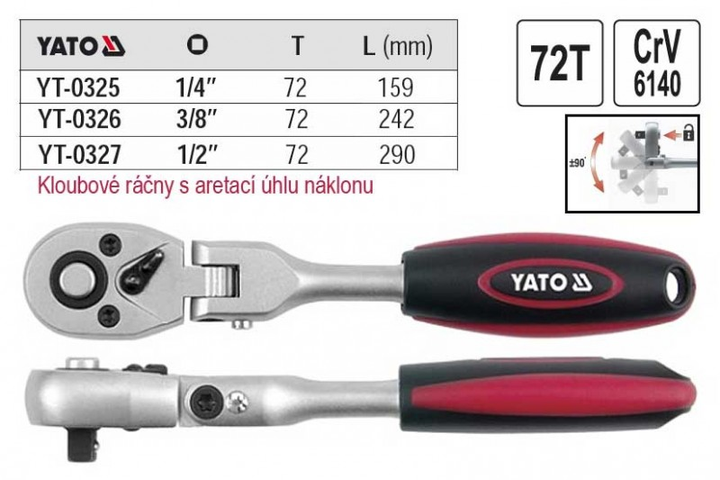 Трещотка с шарниром 3/8", 242 мм, Yato YT-0326 - Фото 2 Трещотка с шарниром 3/8", 242 мм, Yato YT-0326 - изображение 2