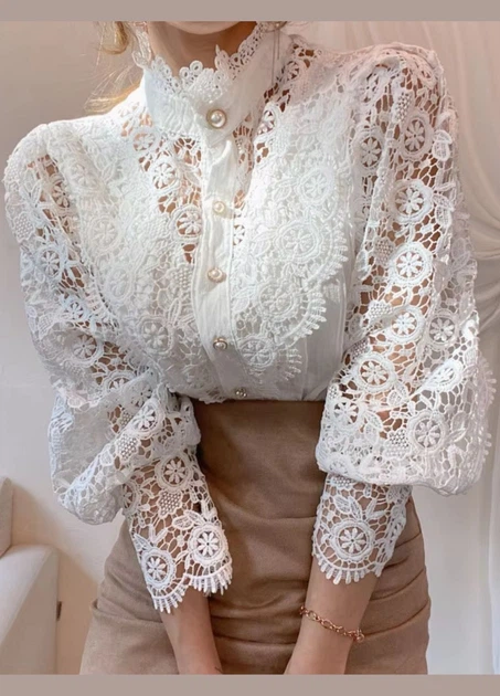 Блузка женская с кружевом однотонная Fashion Белая 14328 3XL (56) - изображение 9