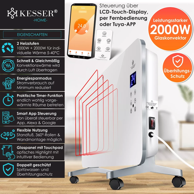 Электрический стеклянный обогреватель KESSER 92 x 9 x 38 см белый Германия - изображение 2