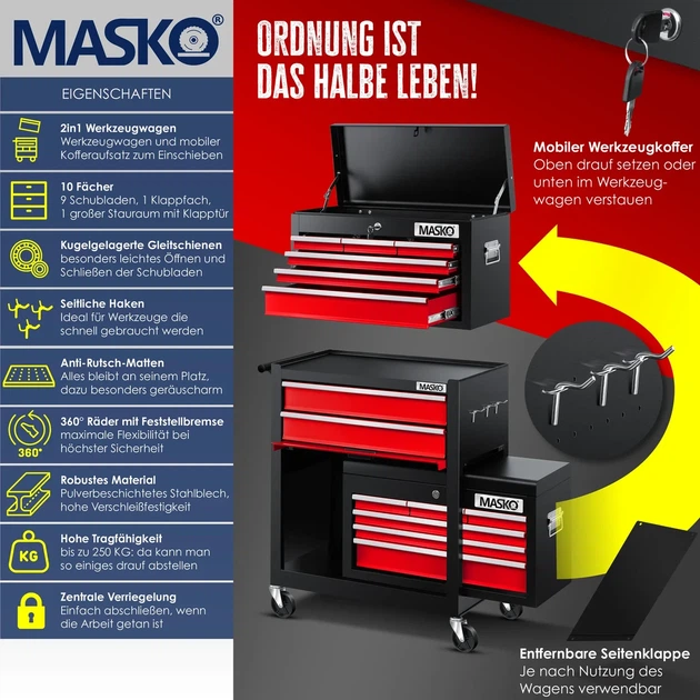 Тележка для инструмента MASKO на 9 отделений красная 620 x 335 x 745 мм Германия - изображение 2