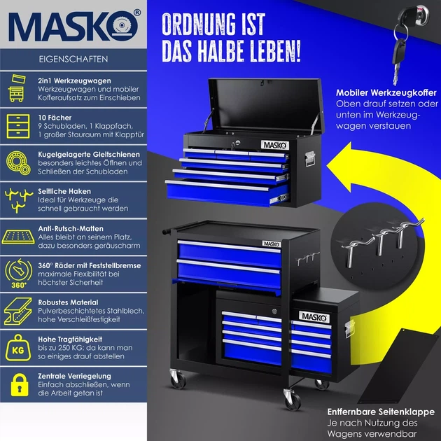 Тележка для инструмента MASKO на 9 отделений синяя 620 x 335 x 745 мм Германия - изображение 2