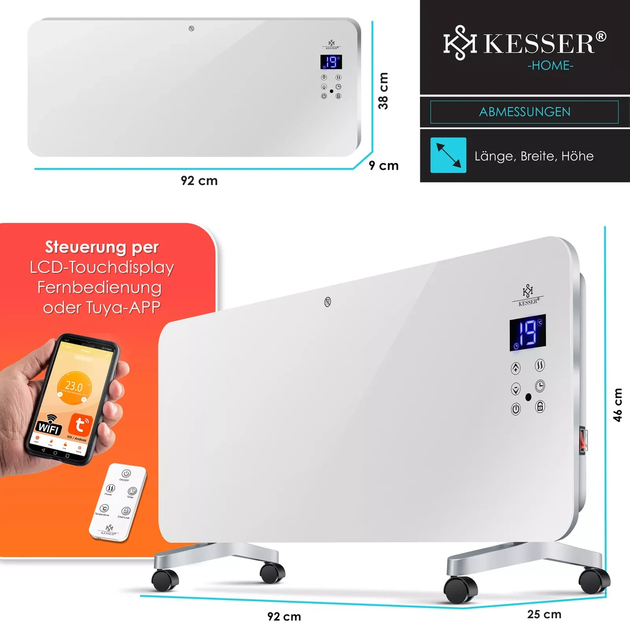 Электрический стеклянный обогреватель KESSER 92 x 9 x 38 см белый Германия - изображение 7