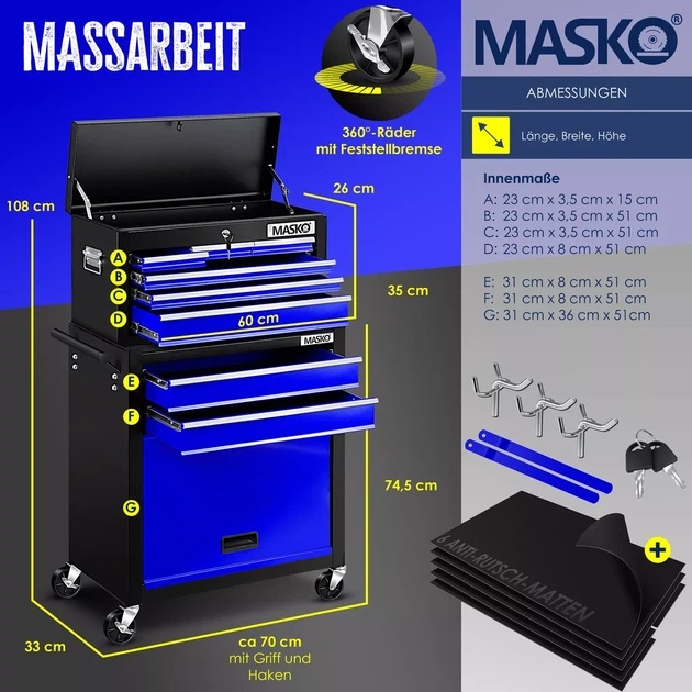 Тележка для инструмента MASKO на 9 отделений синяя 620 x 335 x 745 мм Германия - изображение 7