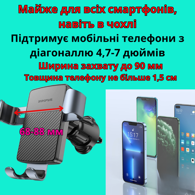 Автомобильный держатель для телефона в решетку крепления на дефлектор гравитационный для надежной фиксации смартфона от 4,5 до 7 дюймов Borofone - изображение 9