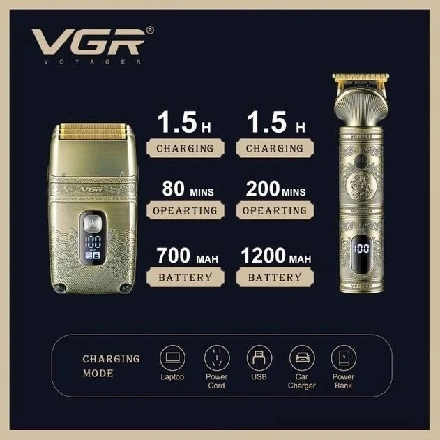 Набір 2 в 1 бритва та триммер акумуляторний VGR V-649 PRO зі змінними насадками та портативний шейвер, для стрижки волосся та бороди - изображение 6