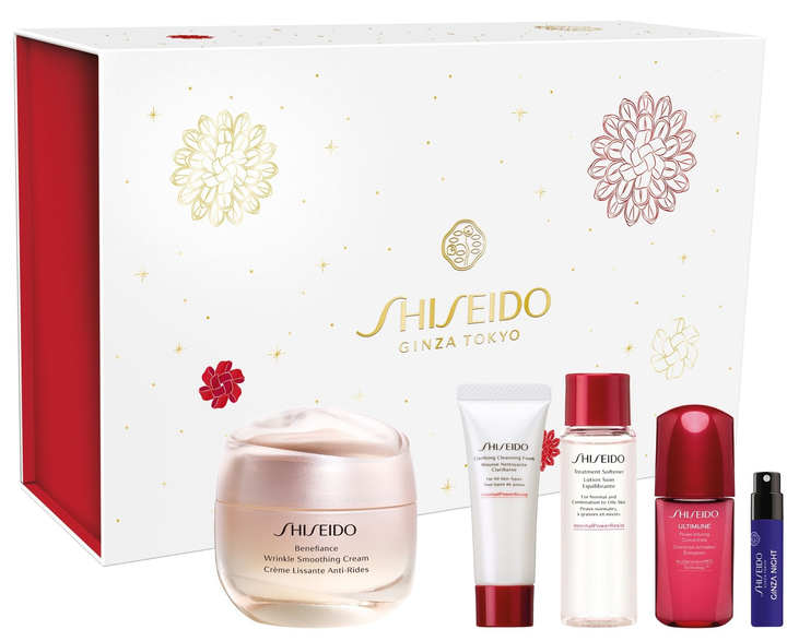 Подарунковий набір Shiseido Benefiance Крем від зморшок 50 мл + Clarifying Пінка 15 мл + Treatment Softener Бальзам 30 мл + Ultimune Power Infusing Концентрат 10 мл + Ginza Night Intense Парфумована вода 0.6 мл (3423222122539) - зображення 1