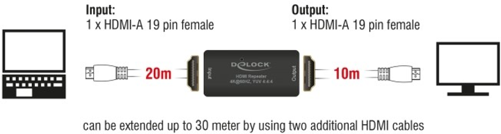 HDMI Repeater Delock HDMI 4K 60 Hz UHD 30 m Black (4043619114627) - obraz 3