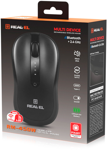 Мышь Real-El RM-450W Wireless/Bluetooth/USB Black (EL123200046) - изображение 12