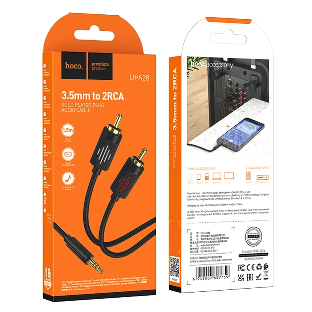 Аудиокабель HOCO UPA28 3.5mm ручка RCA, 1,5m, Black - Фото 2 Аудиокабель HOCO UPA28 3.5mm ручка RCA, 1,5m, Black - изображение 2