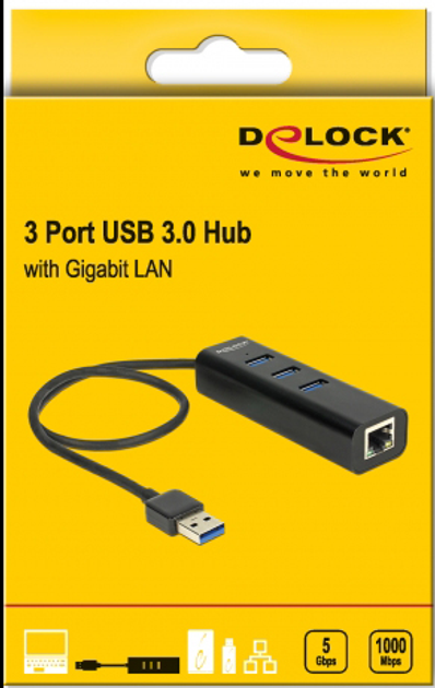 USB-хаб Delock USB 3.0 Hub 3 Port + 1 Port Gigabit LAN 10/100/1000 Mbps Black (4043619626533) - зображення 2