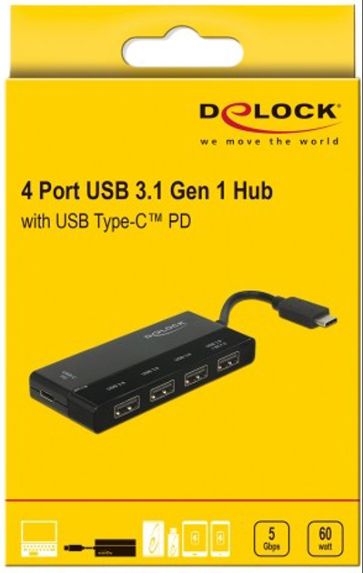 USB-хаб Delock USB 3.1 Gen 1 Hub USB Type-C > 4 x USB Type-A + 1 x USB Type-C PD Black (4043619627936) - зображення 2