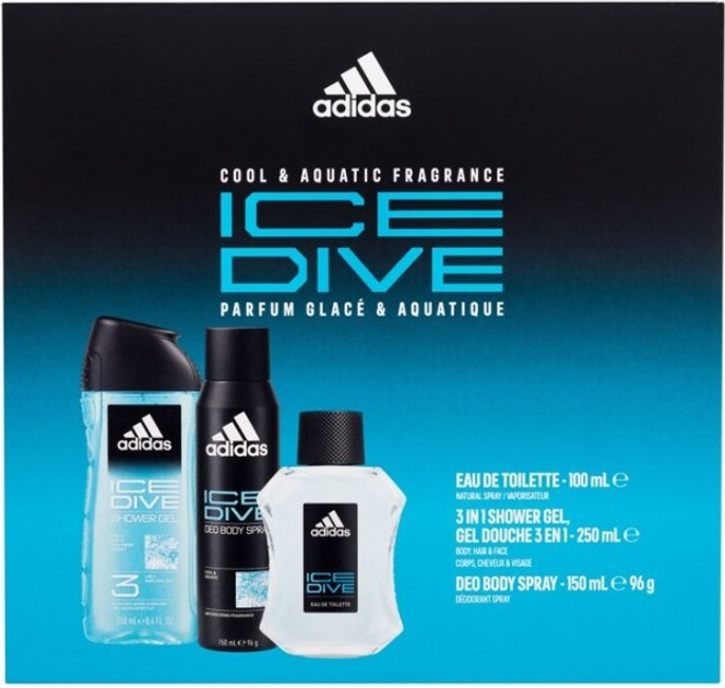 Zestaw kosmetyków pielęgnacyjnych Adidas Men Ice Dive Żel pod prysznic 250 ml + Dezodorant 150 ml + Woda toaletowa 100 ml (3616304218446) - obraz 1