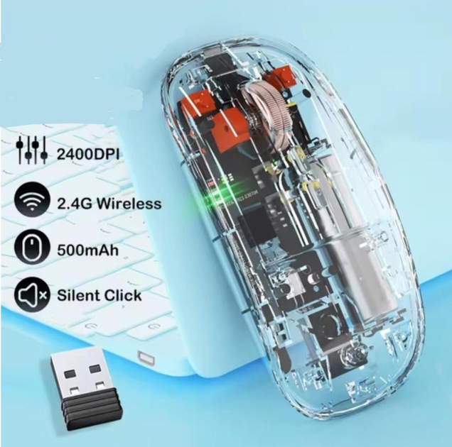 Бездротова комп'ютерна миша Wireless Mouse Bluetooth + 2,4G на акумуляторі прозора - изображение 2