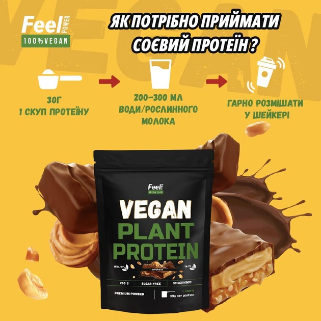 Веганский соевый протеин Feel Power - Vegan plant protein “Іsolate soy protein” (Сникерс) 450 г - изображение 2