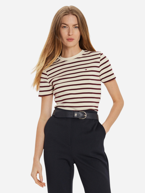 Koszulka damska bawełniana Tommy Hilfiger WW0WW40587-0AB M Beżowy/Bordowy (8720638385929) - obraz 1