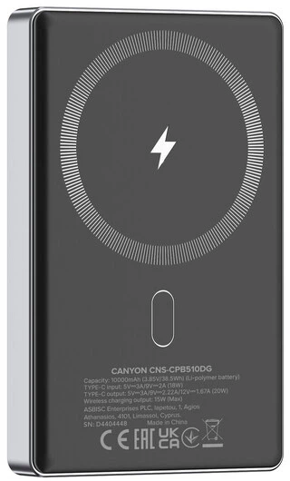 Powerbank Canyon OnPower 510 slim Magsafe 10000 mAh PD20W Dark Grey (CNS-CPB510DG) - obraz 2