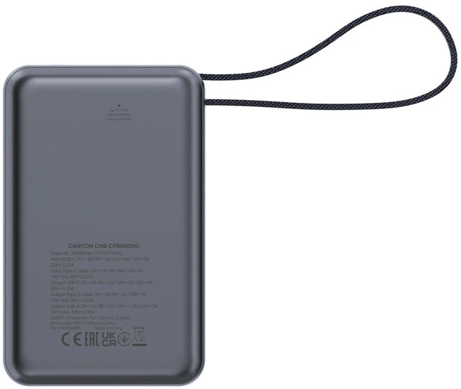 Powerbank Canyon OnPower 600 20000 mAh PD65W Dark Grey (CNS-CPB600DG) - obraz 4