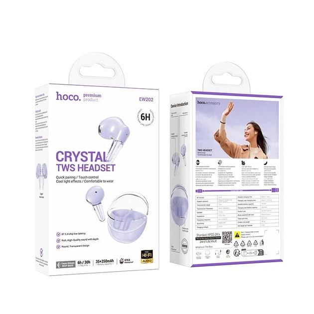 Наушники HOCO EW202 Magic true wireless BT headset, BT5.4, 35mAh, 350mAh, 6h, IPX4, purple - изображение 3
