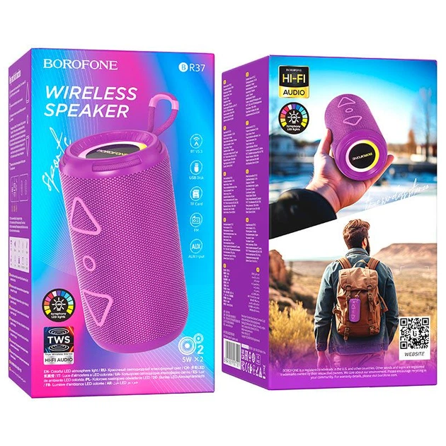 Акустика Borofone BR37 Noble sports BT speaker, BT5.3, USB,TF, FM, AUX, TWS, 5Wx2, 2h, purple - изображение 3