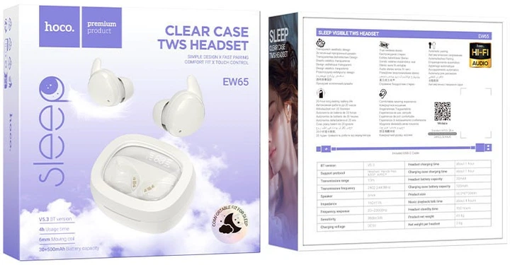 Навушники HOCO EW65 Shadow true wireless sleep BT headset, BT5.3, 30mAh, 500mAh, 4h, Milky white - зображення 3