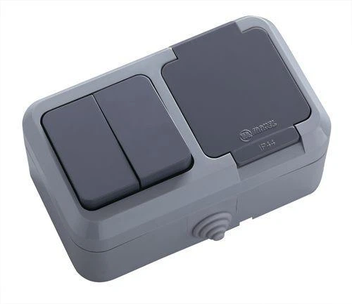 Вимикач двоклавішний + розетка з кришкою IP44 сірий MAKEL 18151 сірий, накладний монтаж, зовнішній пиловологозахищений - Фото 1 Вимикач двоклавішний + розетка з кришкою IP44 сірий MAKEL 18151 сірий, накладний монтаж, зовнішній пиловологозахищений - зображення 1