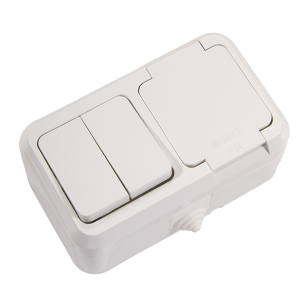 Вимикач двоклавішний + розетка з кришкою IP44 MAKEL 18351 білий, настінний, зовнішній, пиловологозахищений - Фото 1 Вимикач двоклавішний + розетка з кришкою IP44 MAKEL 18351 білий, настінний, зовнішній, пиловологозахищений - зображення 1