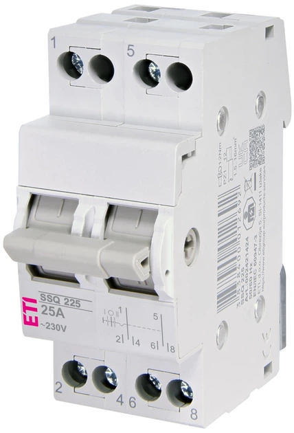 Переключатель I-0-II ETI SSQ225 2P 25А 2421424 трехпозиционный перекидной автомат для ввода резервного питания - Фото 1 Переключатель I-0-II ETI SSQ225 2P 25А 2421424 трехпозиционный перекидной автомат для ввода резервного питания - изображение 1