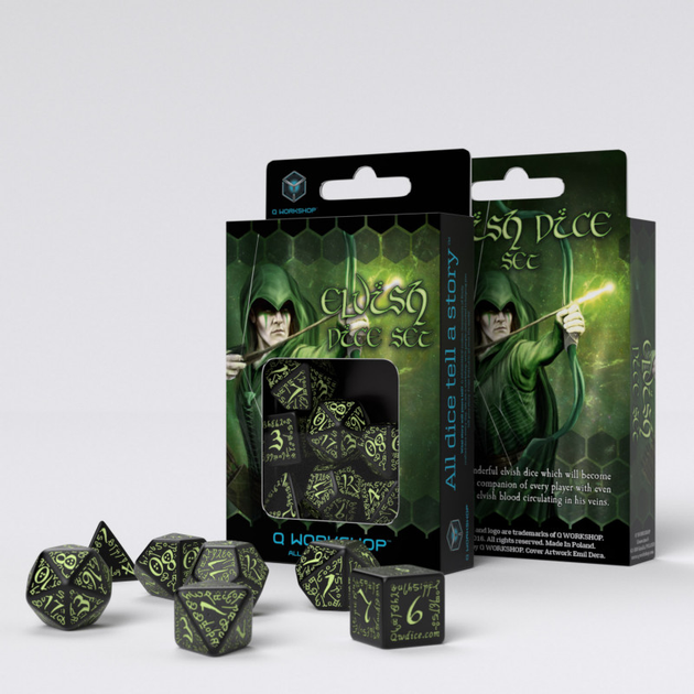 Zestaw kostek Q-Workshop Elvish Black & glow-in-the-dark 7 elementów (5907814951830) - obraz 3