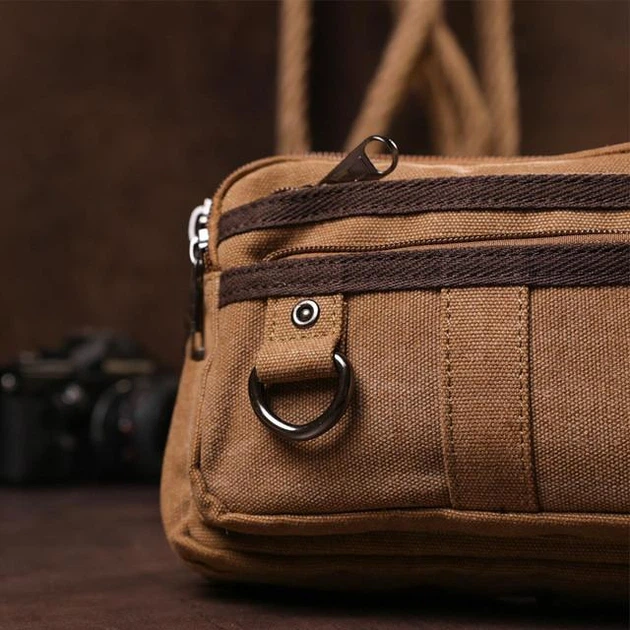 Текстильная сумка бананка мужская на пояс Vintage горизонтальная дорожная коричневая 59091 - изображение 9