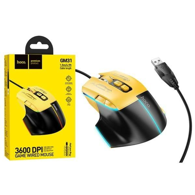 Дротова миша Hoco GM31 (для ігор, USB, кабель 1.5 метра, 7 кнопок, підсвітка) - Чорний - зображення 4