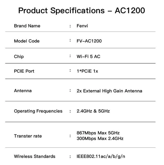 Беспроводная WiFi+bluetooth FENVI 1200 Мбит/с PCIE-адаптер FV-AC1200 двухдиапазонный 2.4 ГГц/5 ГГц - изображение 2