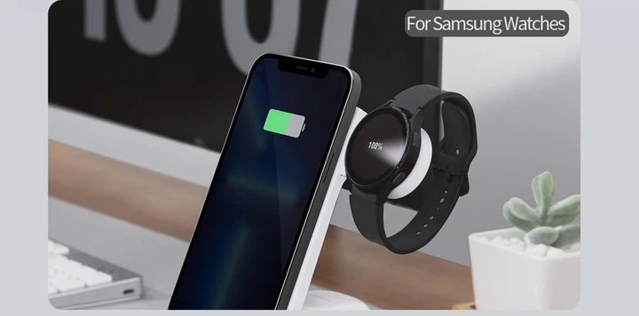 Беспроводная зарядная док станция magsafe для телефона самсунг samsung айфон iphone часов samsung galaxy наушников 3 в 1 25W Nillkin PowerTrio Magsafe series: fog Galaxy Watch универсальная складная компактная с адаптером - изображение 3
