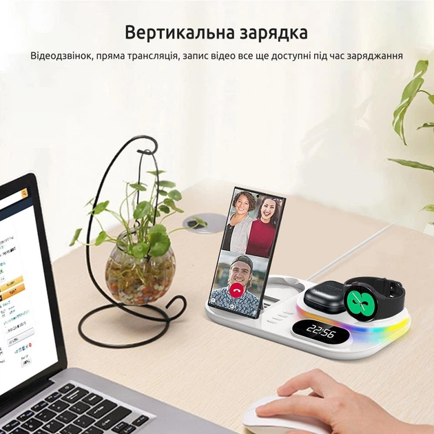 Бездротова зарядна док станція для телефону самсунг годинників навушників 3 в 1 універсальна зарядка для телефонів samsung galaxy watch buds QINETIQ S6 LED Clock RGB 30W докстанції з годинником і підсвіткою біла + адаптер в подарунок - зображення 6
