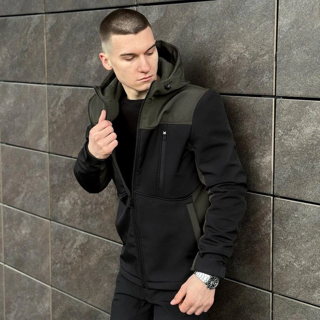 Костюм Pobedov Softshell Куртка с капюшоном + Брюки на резинке хаки с черным размер S - изображение 3