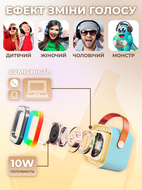 Колонка бездротова караоке 2 мікрофони акумуляторна портативна універсальна блютуз радіо з підсвіткою бірюзова - зображення 2