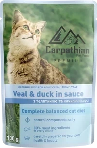 Влажный корм Carpathian Pet Food с телятиной и уткой в соусе 80г ( только блоками по 24 шт) - изображение 2